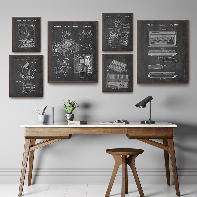 Office Tech Decor - 6ピースヴィンテージコンピュータ特許図面ウォールアートセット、オフィスやゲーマールームの装飾用テックブループリントプリント