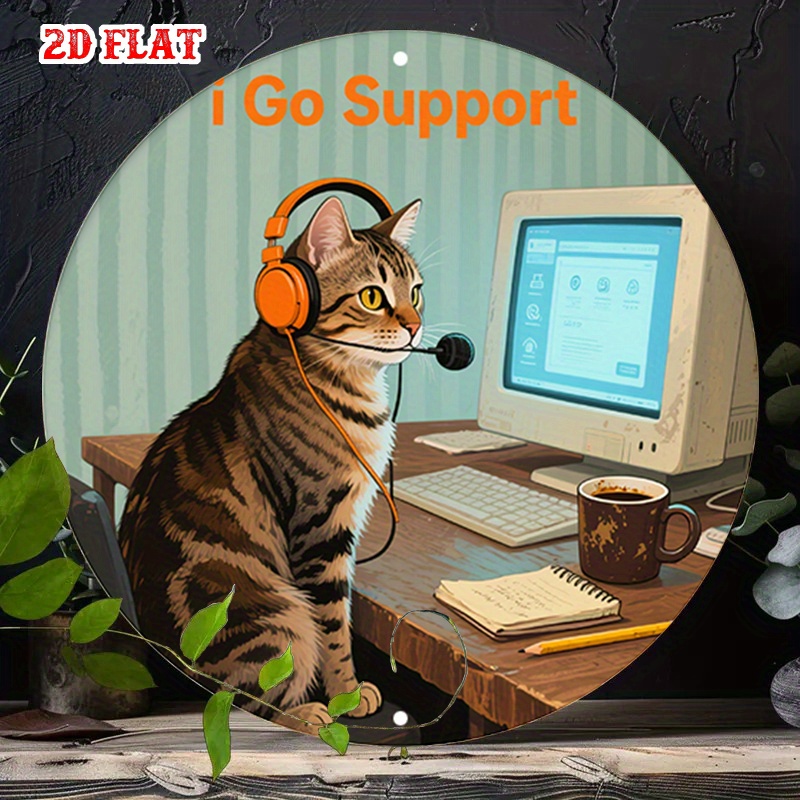 Office Tech Decor - CIFBUY 2D フラットファニー テックサポートキャット アルミ製ウォールアート 防水