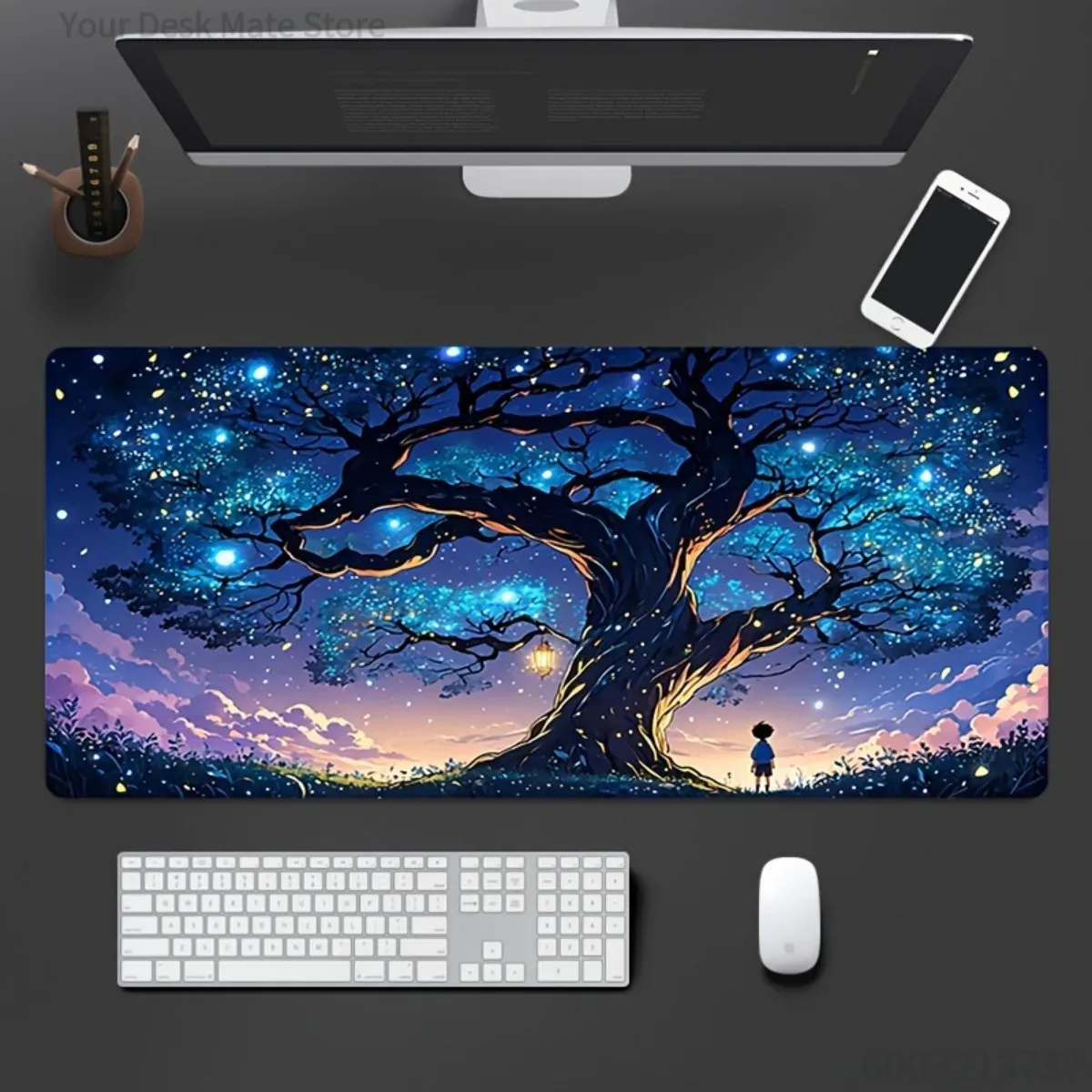 Office Tech Design - ゲーミングデスクマット ラバー製 滑り止め 高品質 星空ツリーデザイン ステッチエッジ
