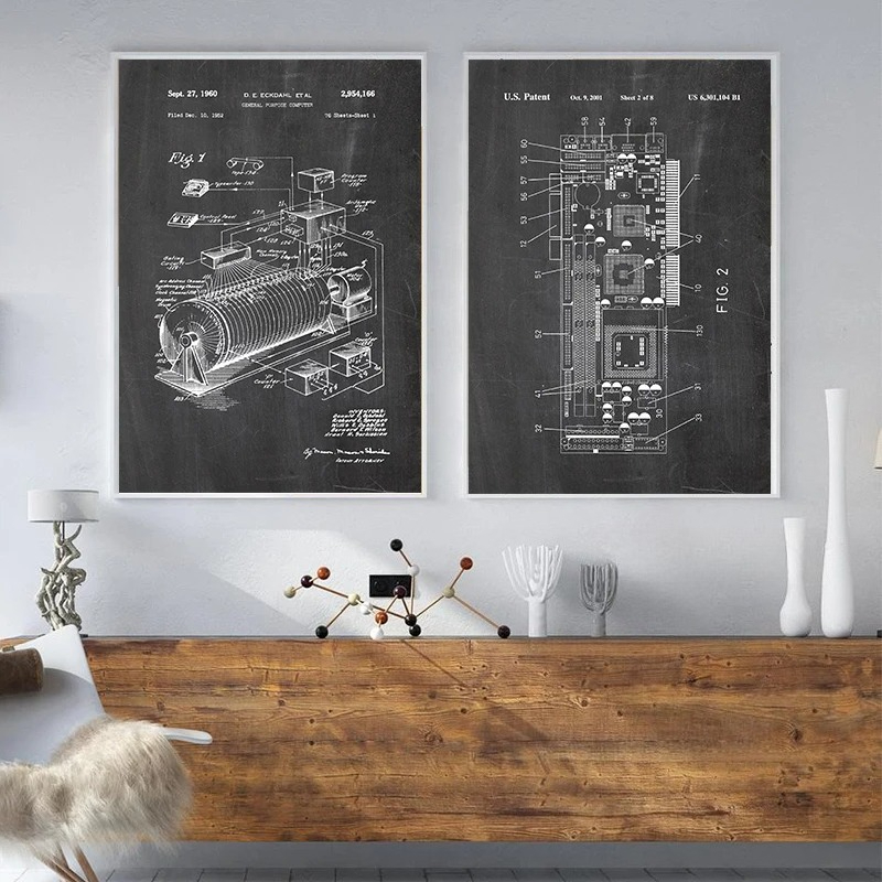 6ピースヴィンテージコンピュータ特許図面ウォールアートセット - Office Tech Decor のレビューと価格