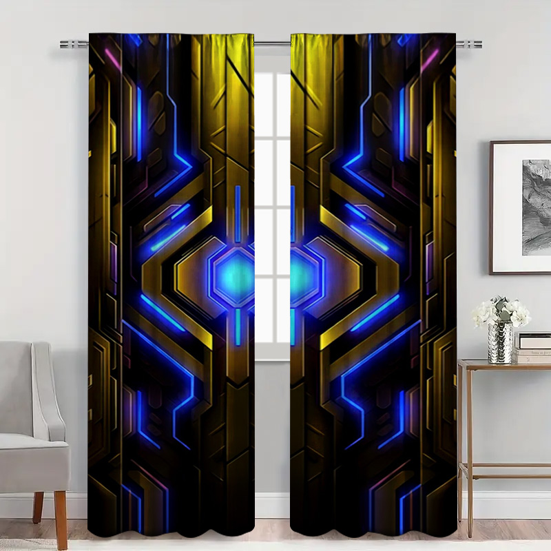 ロッドポケット付き幾何学模様テックカーテン2枚、青と黄色の3 - Office Tech Decor のレビューと価格